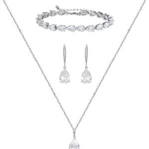 Bridal Jewelry Set Copper Cubic Zirconia Necklace Earrings Bracelet Wedding Brid